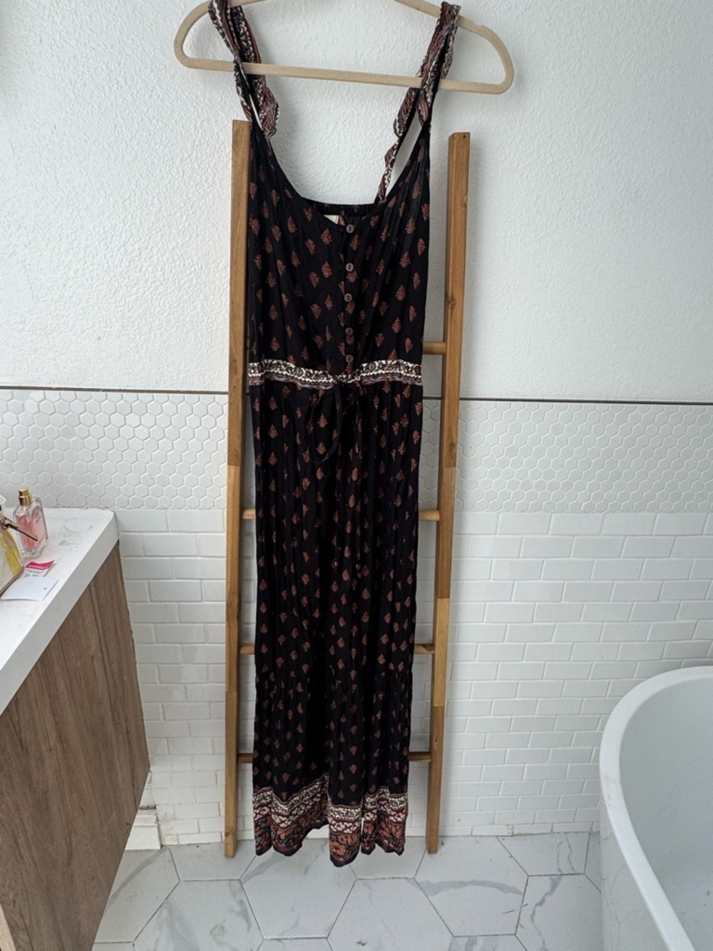RAGA Anthropologie Black Maxi Dress with Rust Floral Motif Boho Floral Festival